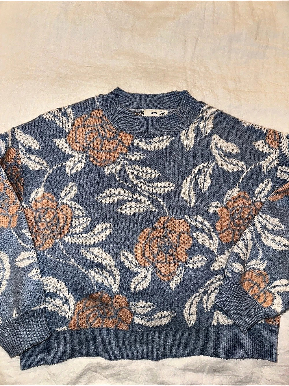 Mango Floral Jacquard Knit Sweater Floral Crewneck